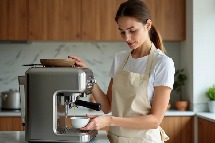 Femme préparant un cappuccino avec une machine DeLonghi Magnifica S dans une cuisine moderne au plan de travail en marbre