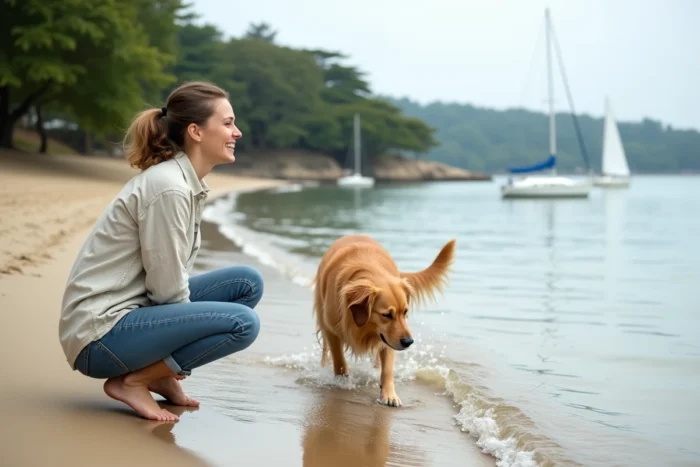 Femme et son golden retriever profitant de la plage de Conleau à Vannes, les pieds dans l'eau avec des voiliers en arrière-plan
