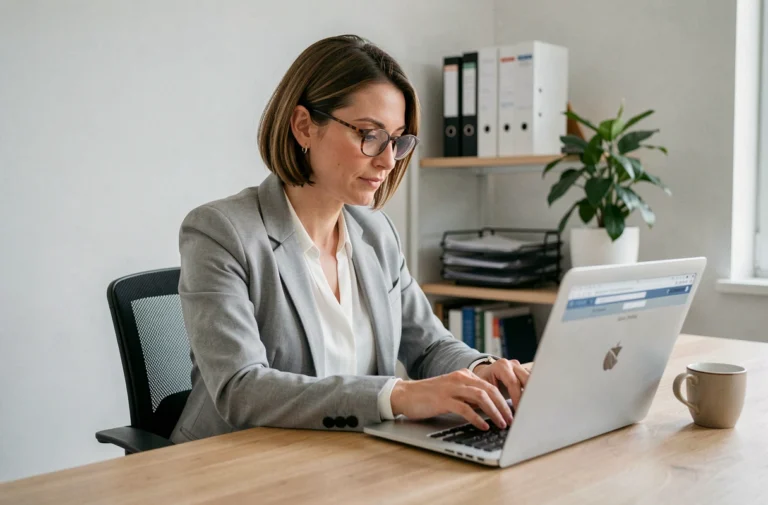 Femme professionnelle gérant des formulaires administratifs en ligne sur un ordinateur portable dans un bureau moderne et organisé