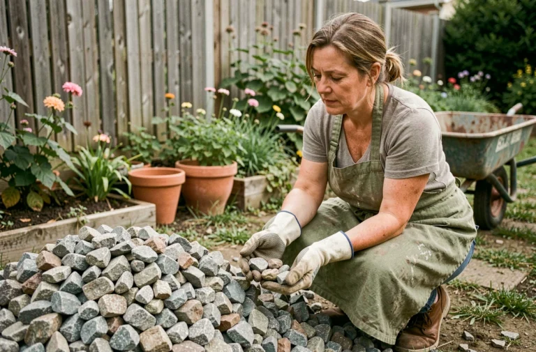 Femme jardineuse examinant un tas de gravier gris naturel dans son jardin pour un aménagement à petit budget