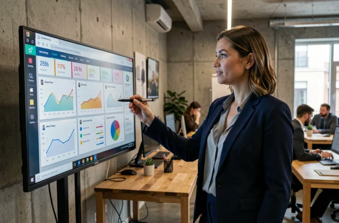 Professionnelle en marketing digital analysant des tableaux de bord analytiques sur un grand écran tactile dans un bureau moderne