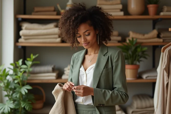 Femme consultant une étiquette de vêtement éthique dans une boutique de mode responsable