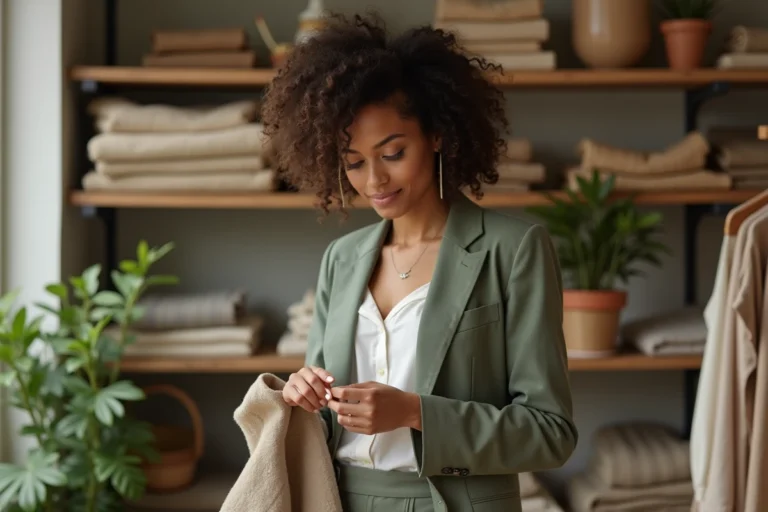 Femme consultant une étiquette de vêtement éthique dans une boutique de mode responsable