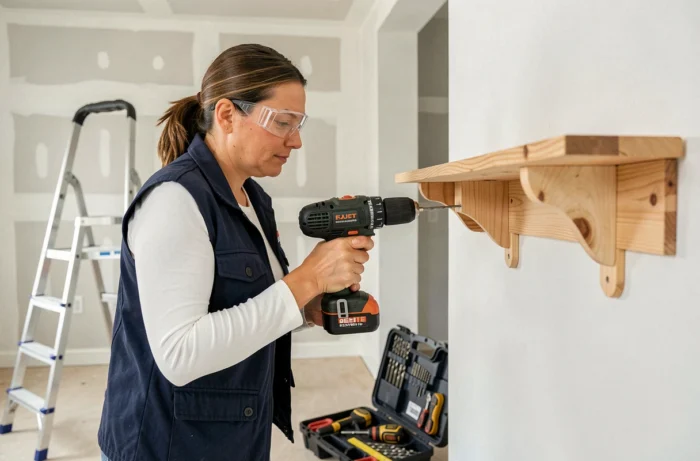 Una donna che utilizza un trapano senza fili per installare una mensola in un interno in fase di ristrutturazione