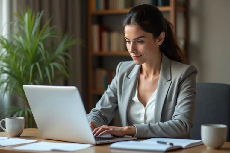Femme utilisant un portail administratif en ligne sur un ordinateur portable pour résoudre des problèmes sur Mon Intra Paris