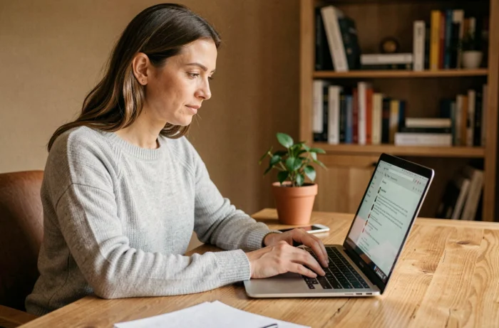 Femme rédigeant un courriel de changement d'adresse sur un ordinateur portable dans un bureau à domicile