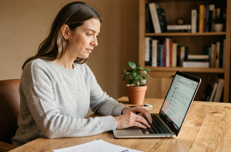 Femme rédigeant un courriel de changement d'adresse sur un ordinateur portable dans un bureau à domicile