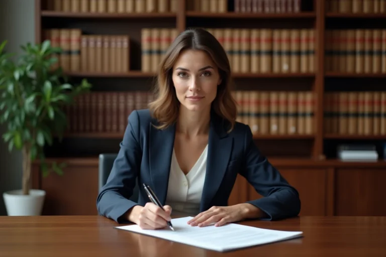 Femme signant des documents juridiques dans un cabinet d'avocats pour une démarche de séparation familiale légale