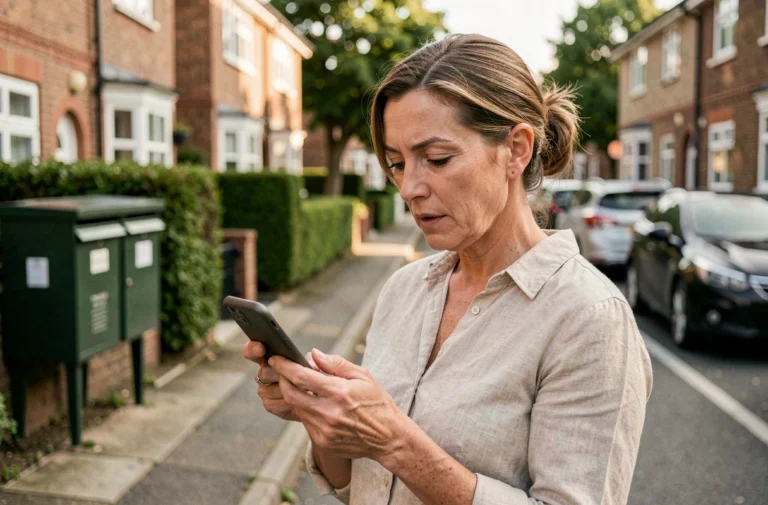 Femme consultant une application de voisinage sur son smartphone dans une rue résidentielle calme