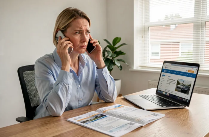 Femme contactant le service ANTS par téléphone avec une carte grise posée sur son bureau à domicile
