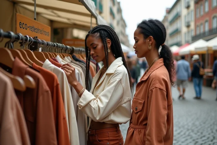 Deux femmes explorant des vêtements éthiques et vintage dans un marché en plein air