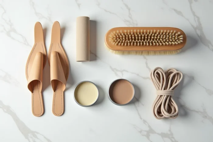 Flat lay des accessoires essentiels pour l'entretien des chaussures : forme, brosse, cirage et lacets sur marbre blanc