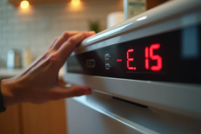Gros plan sur l'affichage du code erreur E15 sur le panneau de commande d'un lave-vaisselle Bosch