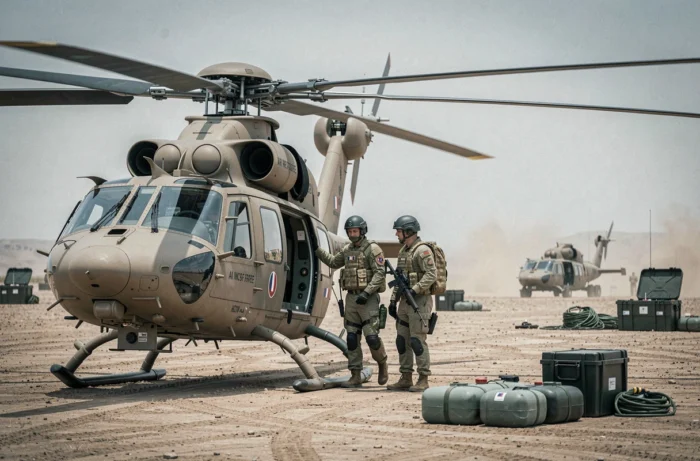 Elicottero Caracal H225M dell'Aeronautica francese su una base avanzata in zona desertica, equipaggio in ispezione pre-volo