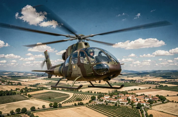 Elicottero Gazelle dell'Esercito di Terra francese in volo sopra la campagna negli anni '80, mimetizzazione bicolore
