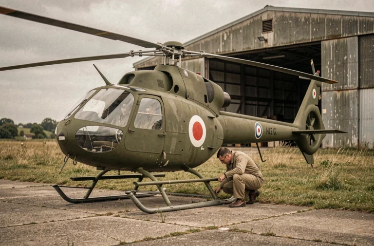 Hélicoptère militaire français Alouette des années 1960 sur une base aérienne, mécanicien en combinaison effectuant la maintenance