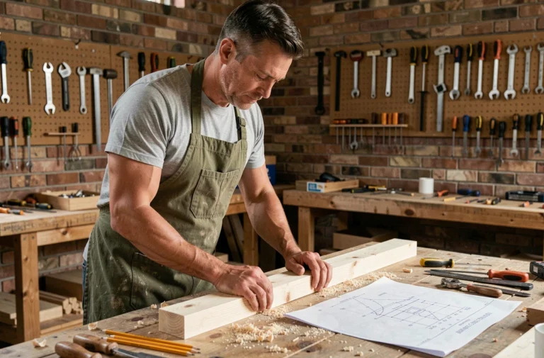 Homme bricoleur mesurant une planche en bois dans un atelier bien organisé avec outils et établi