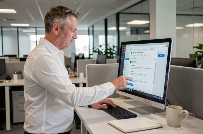 Uomo in ufficio aziendale che gestisce i suoi contatti per annunciare un cambiamento di indirizzo email