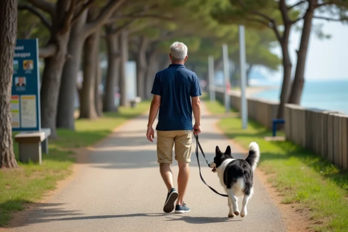 Homme promenant son border collie sur le sentier côtier de la presqu'île de Conleau à Vannes