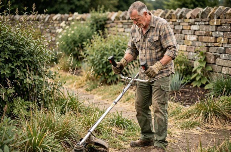 Homme utilisant une débroussailleuse à fil dans un jardin avec sentier de pierre et végétation dense