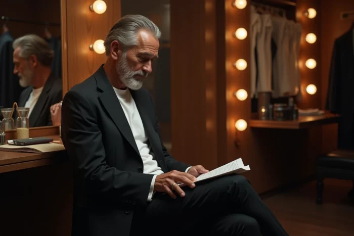 Homme français distingué en coulisses d'un théâtre, assis devant un miroir de loge en train de consulter ses notes