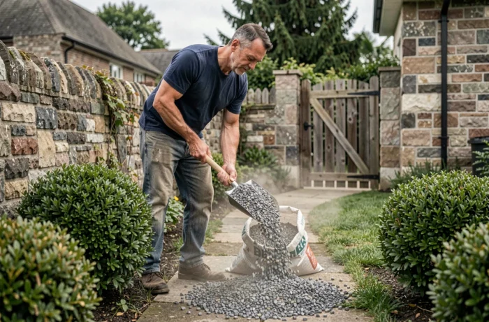 Uomo che sta versando ghiaia sfusa su un vialetto di giardino durante un allestimento economico