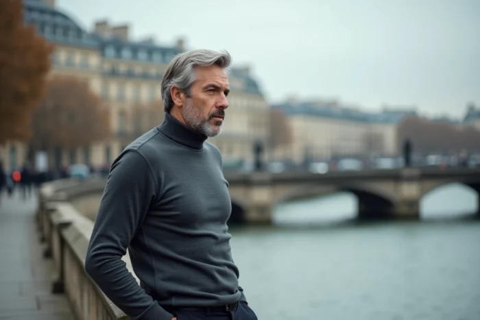 Homme grand et charismatique en pull col roulé gris posant au bord de la Seine à Paris avec vue sur les bâtiments haussmanniens