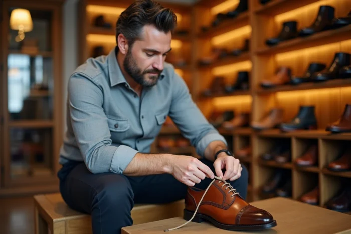 Homme en boutique de chaussures lacant des richelieus en cuir marron avec de nouveaux lacets cirés