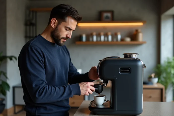 Homme préparant un espresso avec une machine DeLonghi Magnifica S dans un espace café design à la maison avec étagères en bois