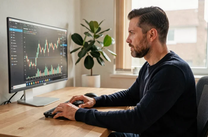Homme consultant son portefeuille de revenus passifs en cryptomonnaie sur un écran d'ordinateur dans un bureau à domicile moderne