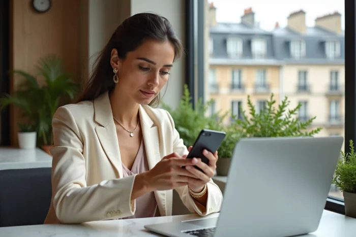 Influenceuse française travaillant sur son smartphone dans un espace de co-working parisien moderne