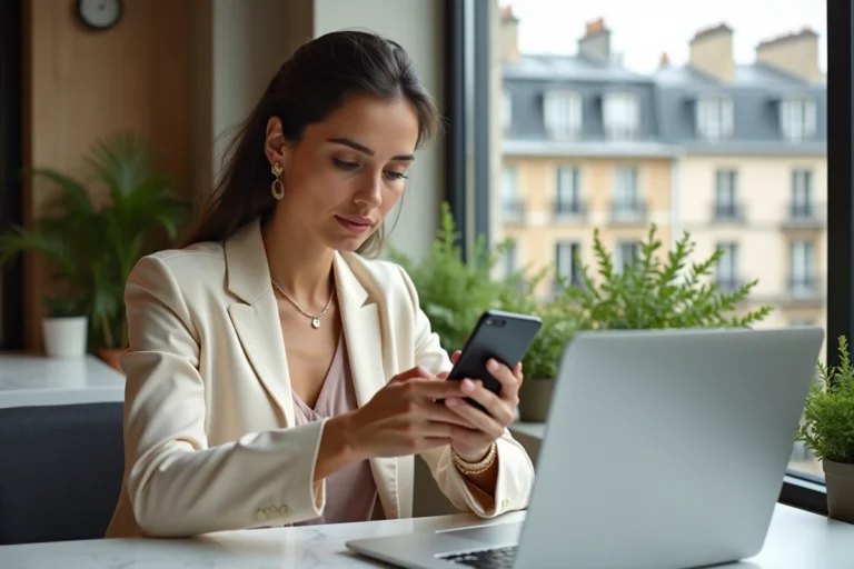 Influenceuse française travaillant sur son smartphone dans un espace de co-working parisien moderne