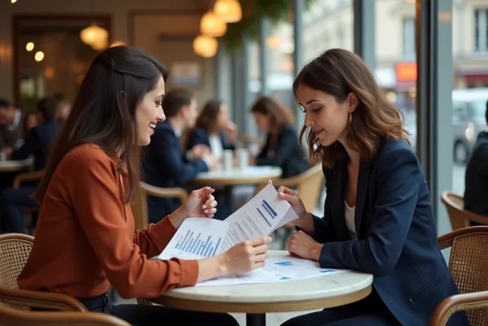 Deux influenceuses françaises discutant de stratégie de contenu et de revenus dans un café parisien