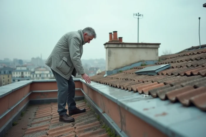 Homme inspectant la toiture d'un immeuble sans copropriété pour vérifier l'état de la couverture et l'assurance habitation