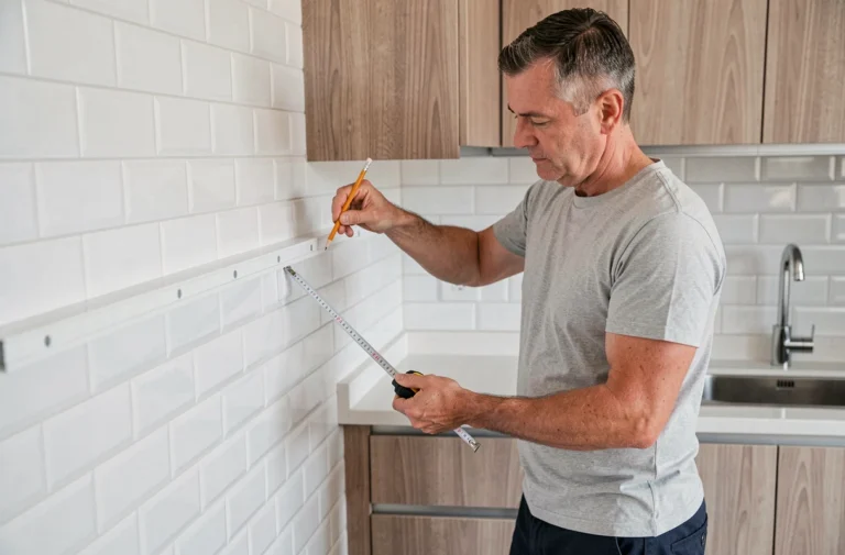 Homme installant une goulotte PVC blanche sur un carrelage de cuisine en mesurant précisément l'emplacement