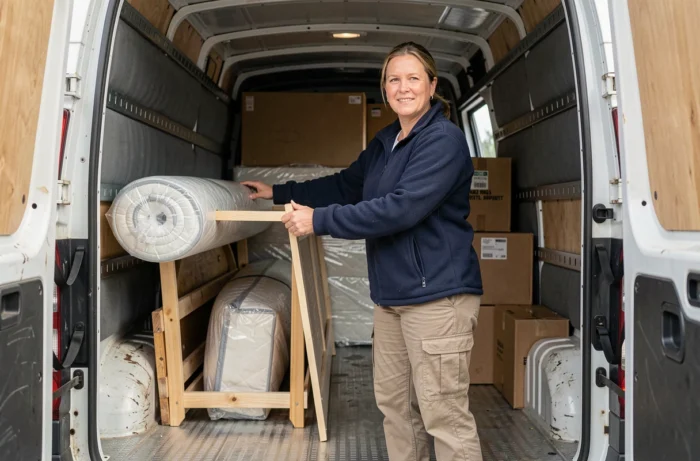 Femme organisant des meubles et cartons à l'intérieur d'une camionnette de déménagement jumbo en location
