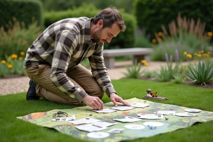 Homme adulte jouant à un jeu de cartes éducatif sur les écosystèmes de prairie en plein air dans un jardin botanique