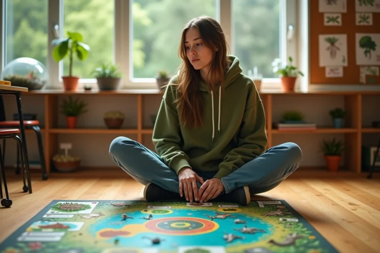 Jeune femme jouant à un jeu de société éducatif sur les écosystèmes dans une salle de classe naturelle