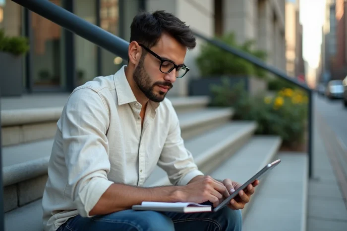 Jeune entrepreneur travaillant sur une tablette à l'extérieur d'un incubateur de startups en milieu urbain