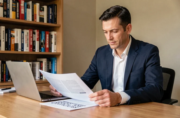 Journaliste homme au bureau à domicile examinant des documents, illustrant la gestion des rumeurs dans la vie privée d'un couple