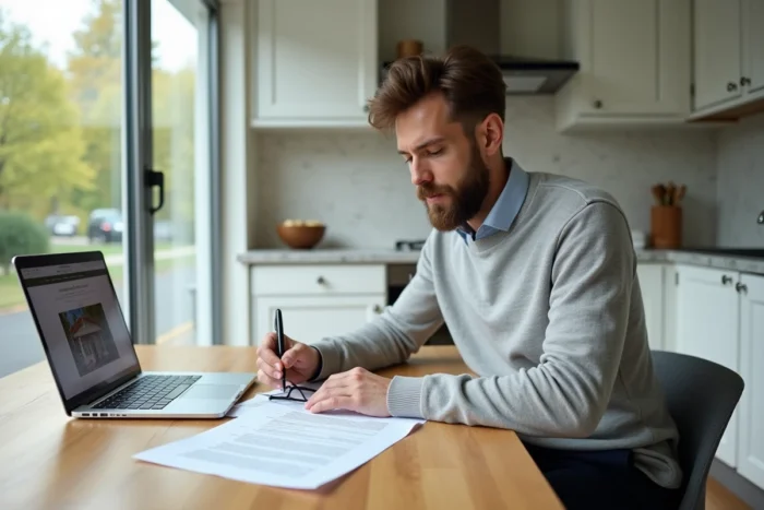 Propriétaire ou locataire lisant attentivement un contrat de location immobilière à son domicile