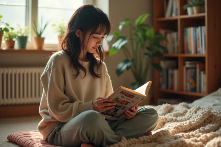 Jeune femme lisant un manga yaoi japonais dans une chambre cosy entourée de volumes empilés sur des étagères en bois