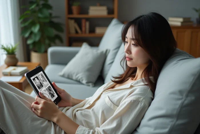 Femme lisant des scans de manga yaoi non censurés sur une tablette numérique dans un salon contemporain