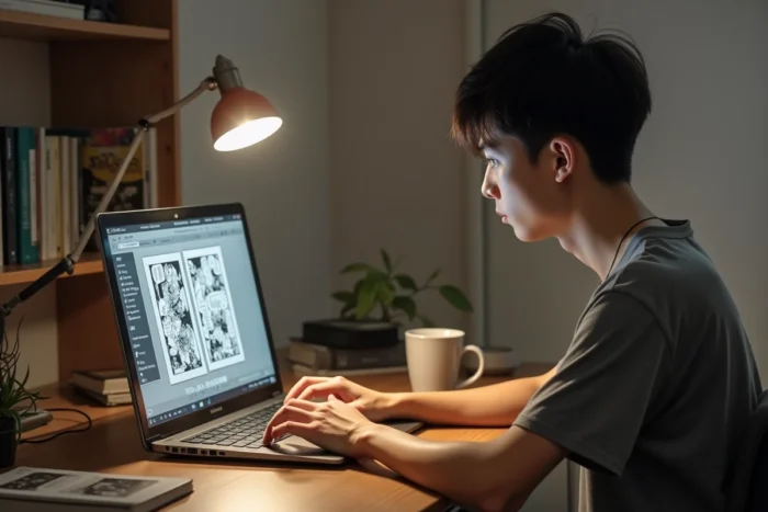 Homme lisant des scans de manga yaoi sur un ordinateur portable dans un bureau minimaliste à domicile