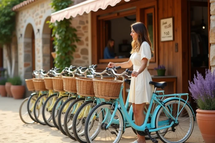 Location de vélos à Porquerolles devant une boutique avec tarifs affichés et touriste choisissant un vélo