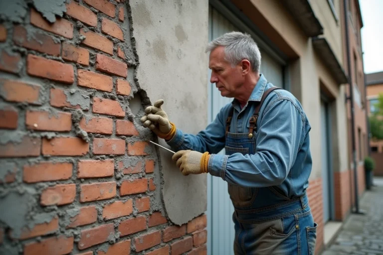 Maçon inspectant un mur de briques avec des joints de mortier qui s'effritent et se dégradent