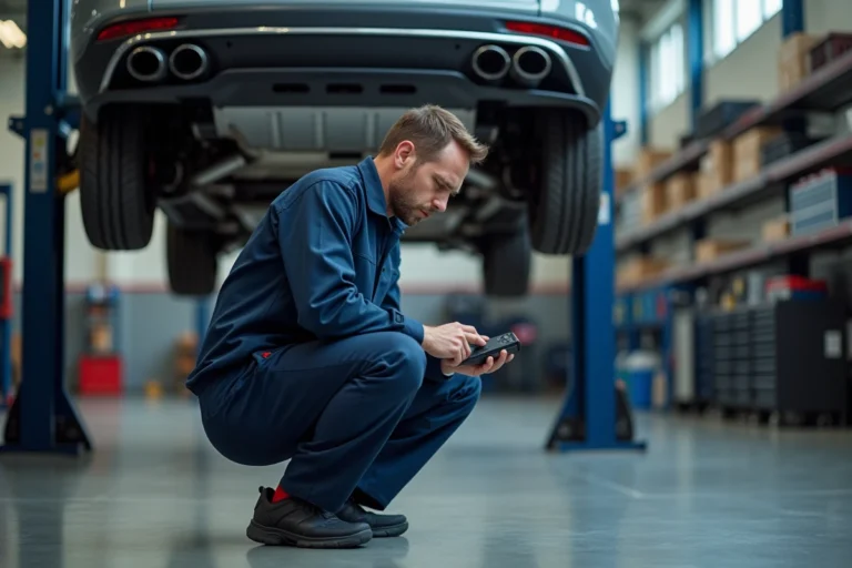 Technicien automobile inspectant le système d'échappement et le capteur LSU lors d'une maintenance dans un garage professionnel à Versailles