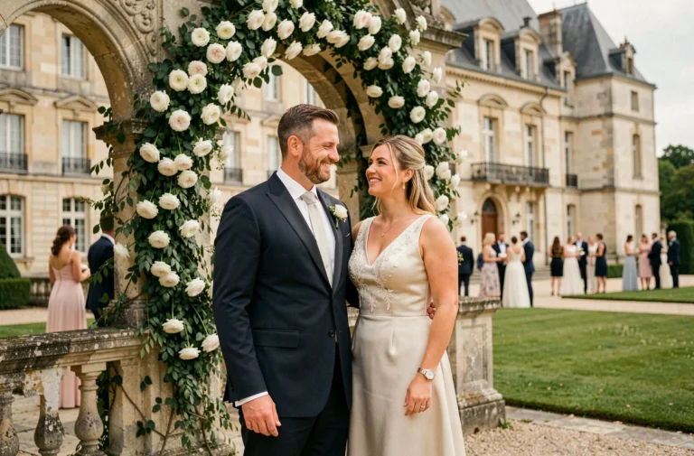 Couple élégant lors d'une réception de mariage dans un château français classique avec arche de pierres et roses blanches
