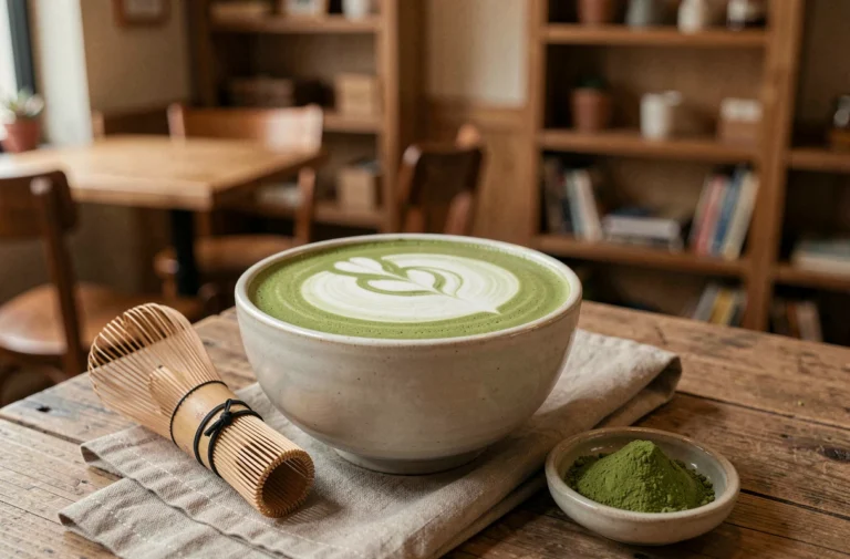 Matcha latte servi dans un bol en céramique avec mousse délicate et poudre de matcha verte sur table en bois de café