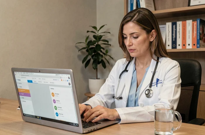 Médecin femme consultant un outil médical en ligne sur son ordinateur portable dans son cabinet professionnel